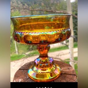 Antique amber carnival glass king crown thumb print compote